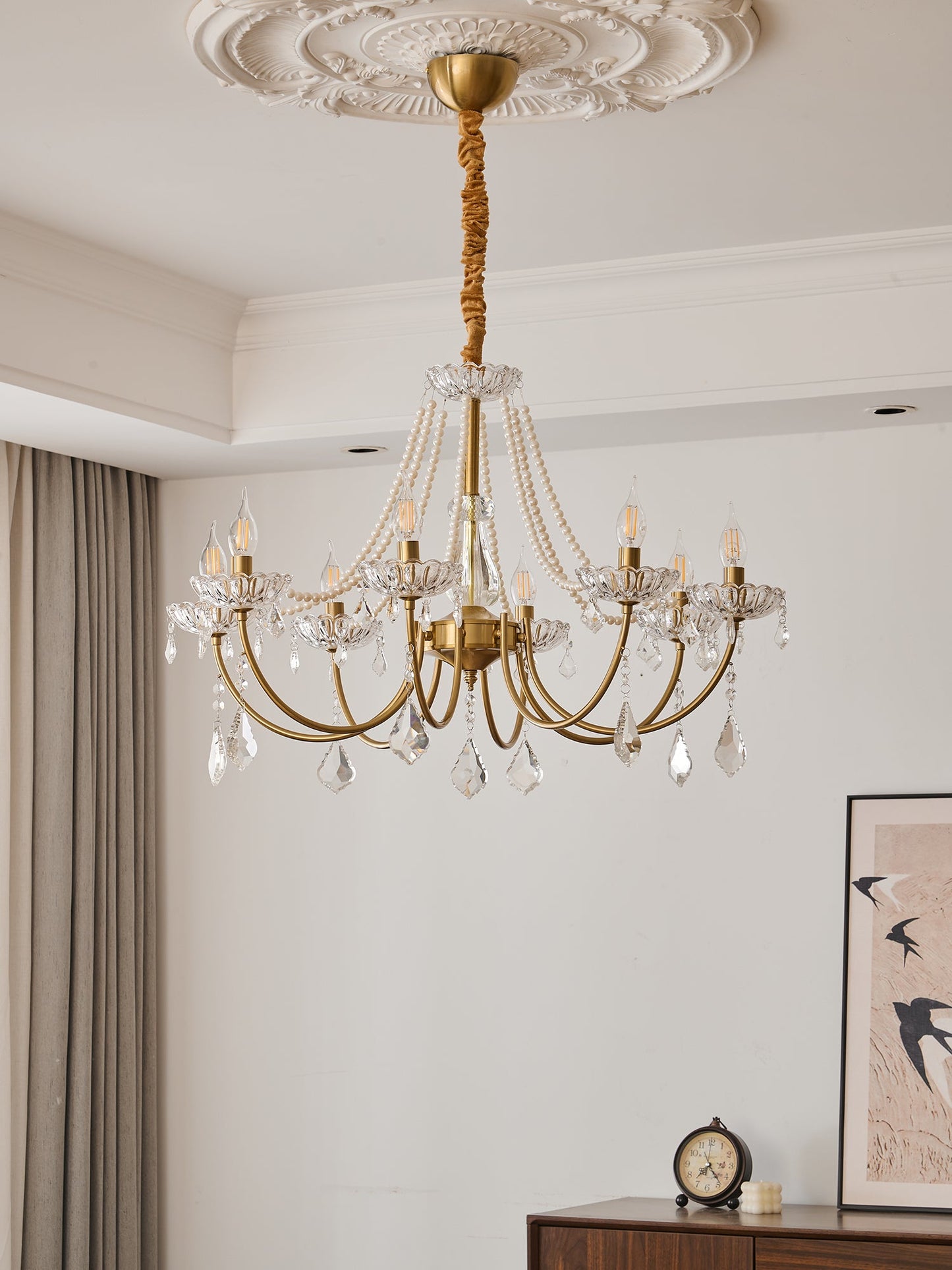 Elegant Pearl Chandelier - Dimmable Lighting & Crystal Accents