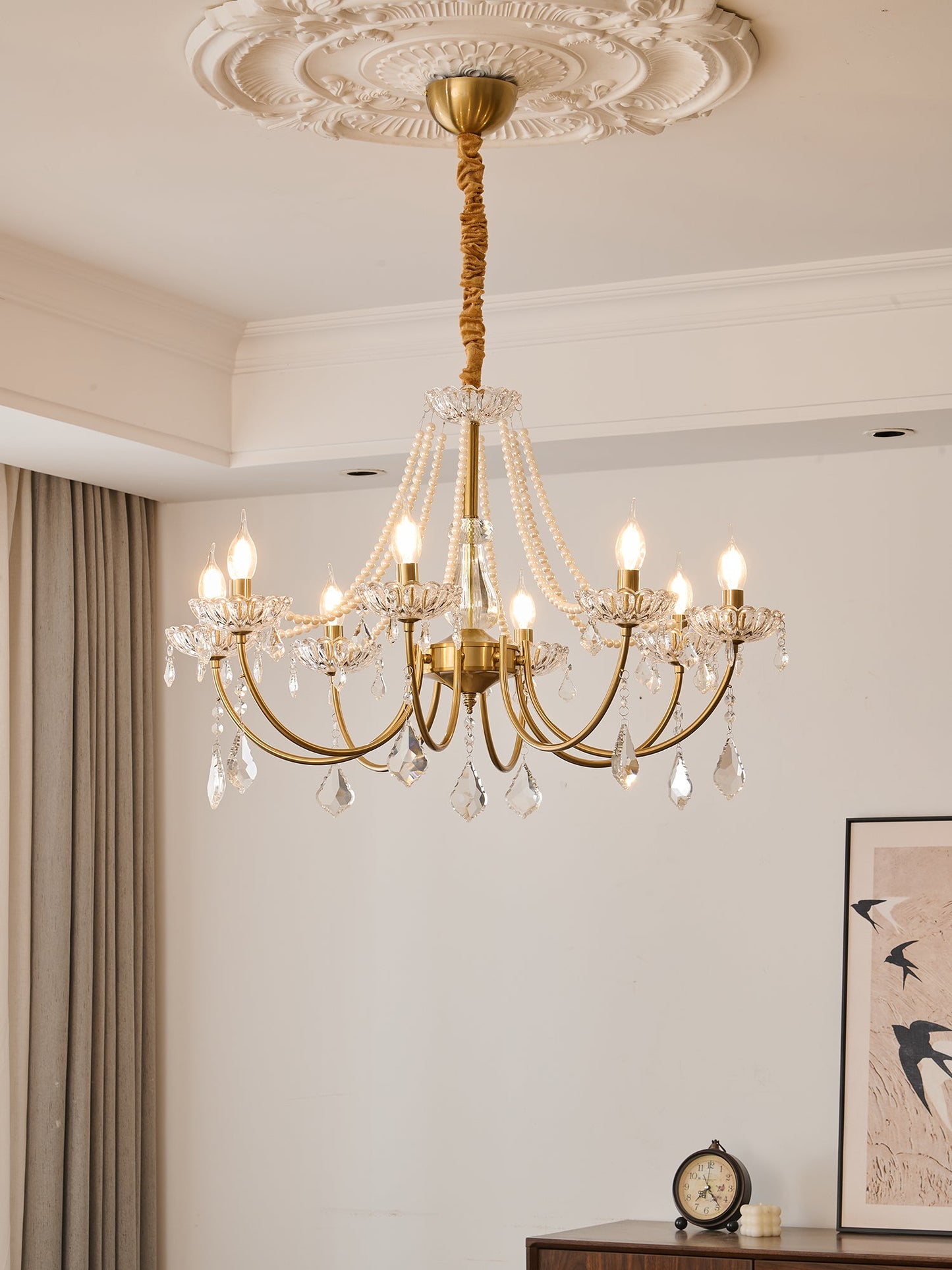 Elegant Pearl Chandelier - Dimmable Lighting & Crystal Accents