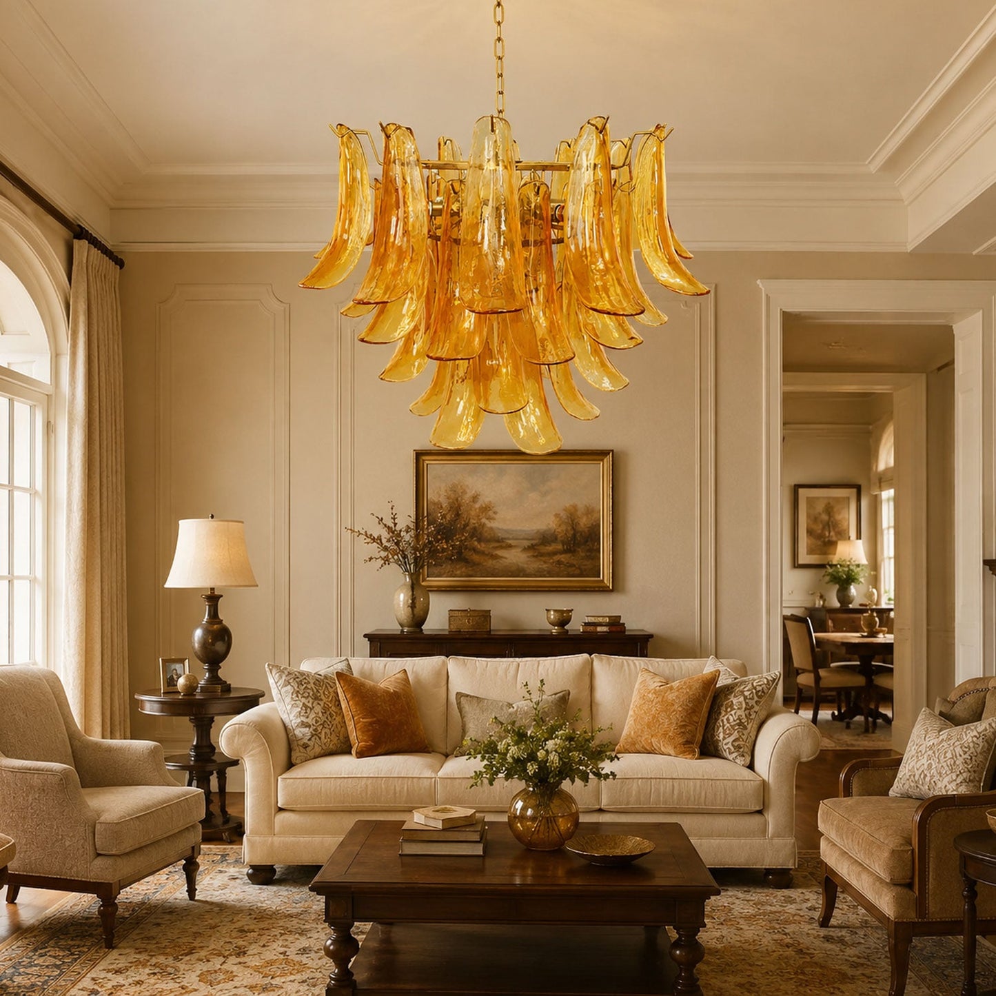 Elegant Glass Leaf Chandelier - Adjustable Height, Energy Efficient Li