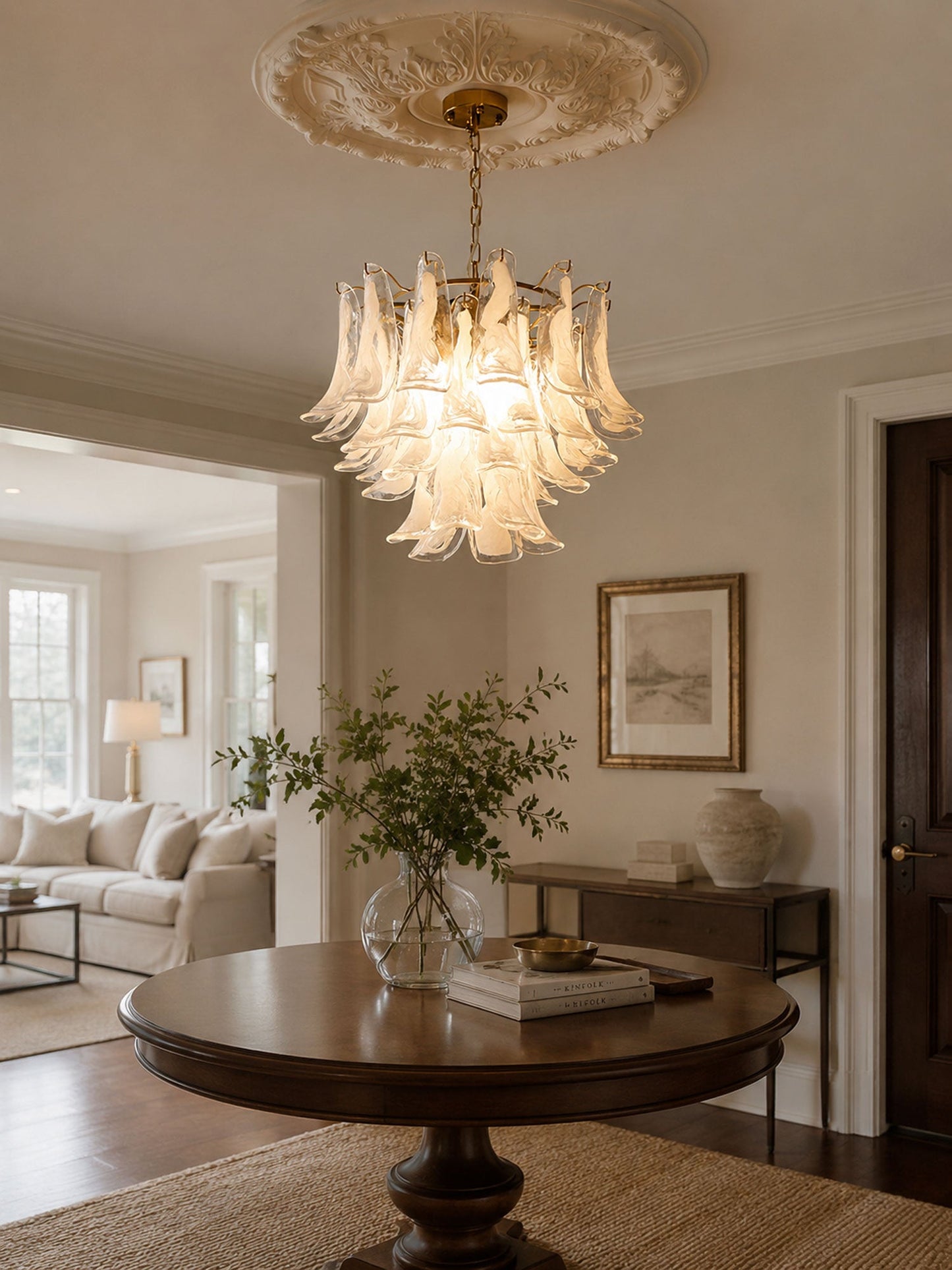 Elegant Glass Leaf Chandelier - Adjustable Height, Energy Efficient Li