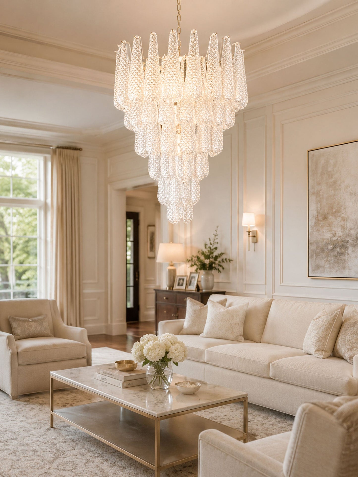 Elegant Glass Pinecone Chandelier with Adjustable Height & Crystal Acc