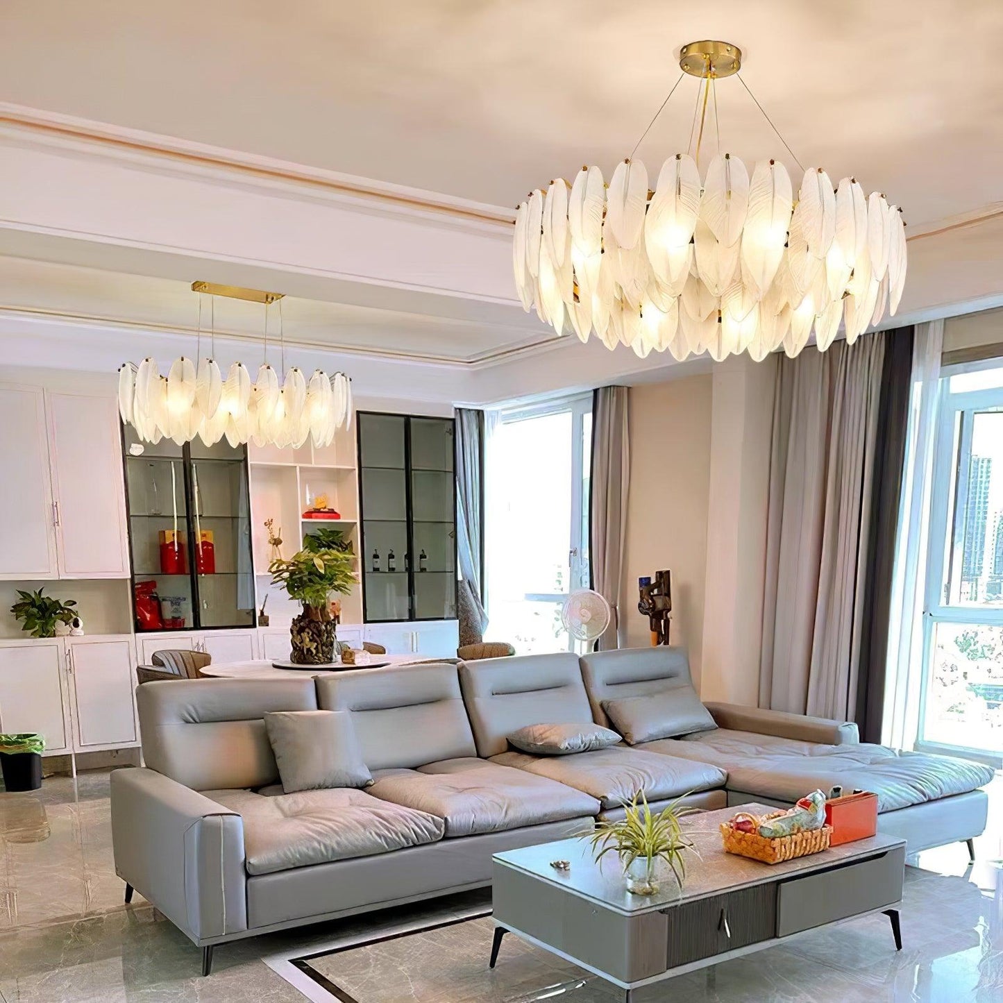 Elegant Glass Feather Chandelier - Unique Design & Adjustable Height