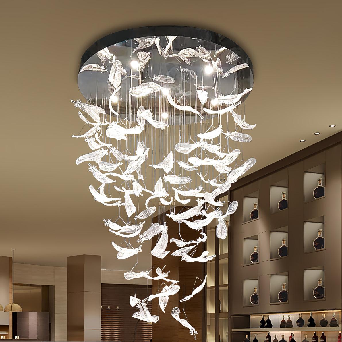 Elegant Glass Feathers Flying Chandelier with Adjustable Lighting and
