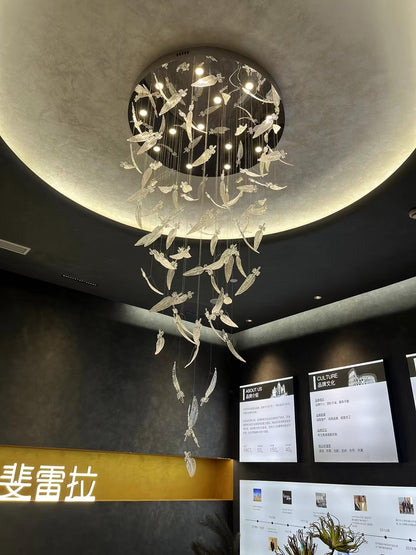 Elegant Glass Feathers Flying Chandelier with Adjustable Lighting and