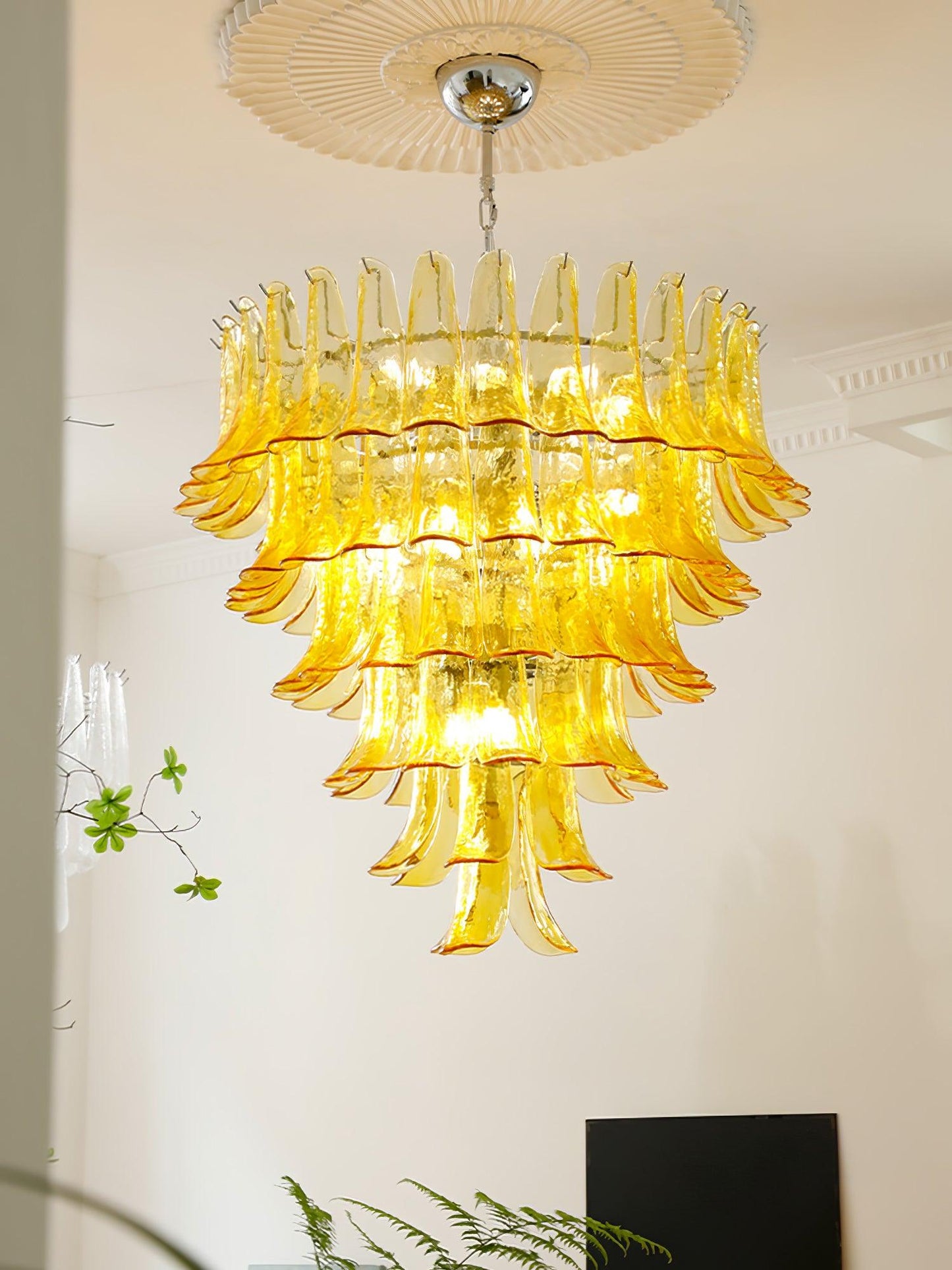 Elegant Glass Leaf Chandelier - Adjustable Height, Energy Efficient Li