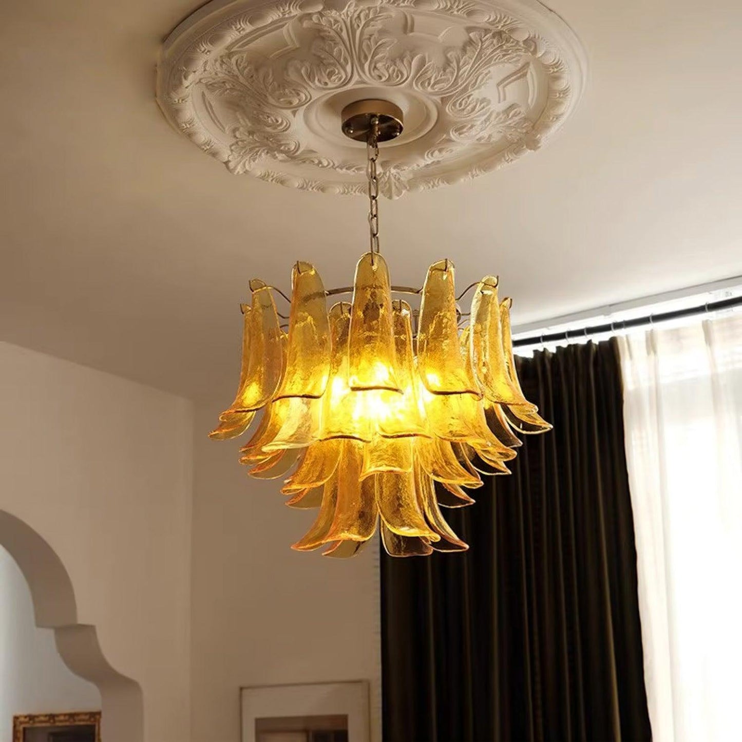 Elegant Glass Leaf Chandelier - Adjustable Height, Energy Efficient Li