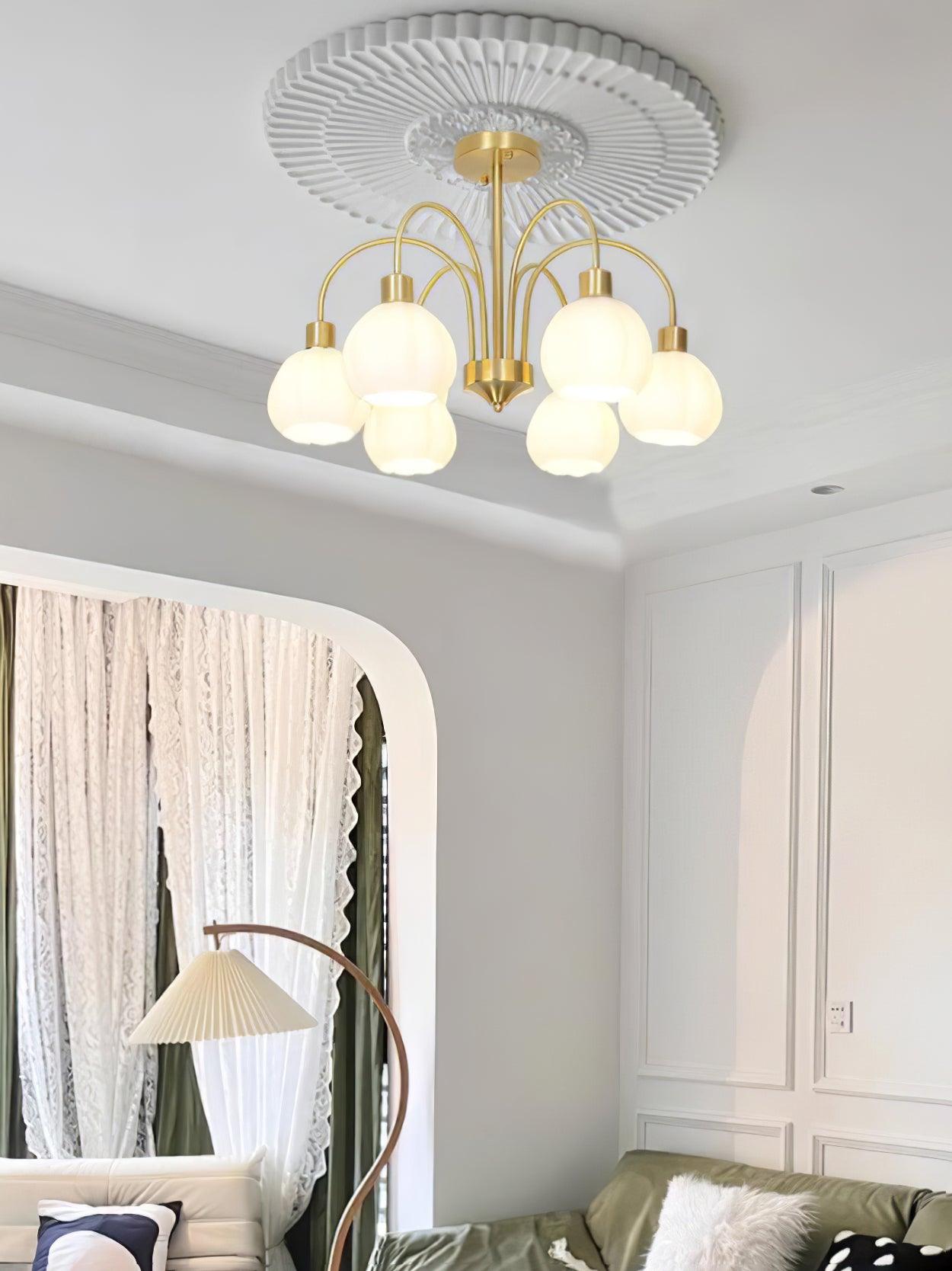 Elegant Glass Pumpkin Gold Chandelier with Adjustable Height & LED Com