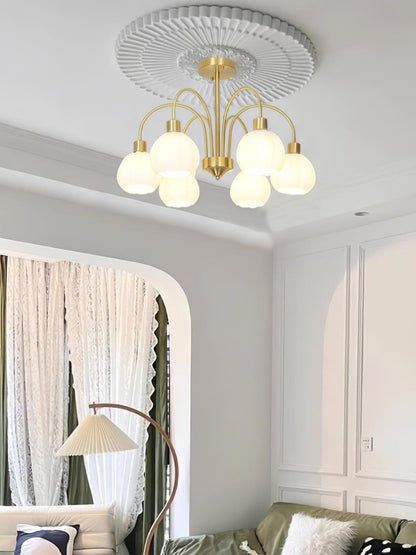 Elegant Glass Pumpkin Gold Chandelier with Adjustable Height & LED Com