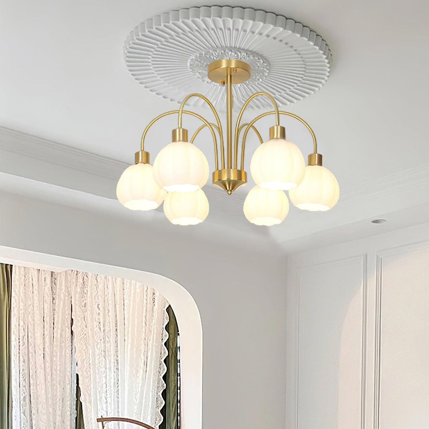 Elegant Glass Pumpkin Gold Chandelier with Adjustable Height & LED Com