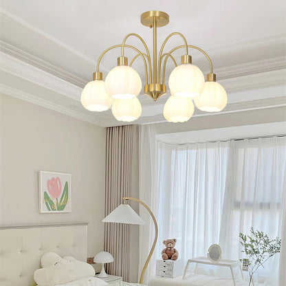 Elegant Glass Pumpkin Gold Chandelier with Adjustable Height & LED Com