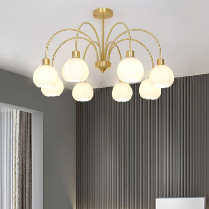 Elegant Glass Pumpkin Gold Chandelier with Adjustable Height & LED Com