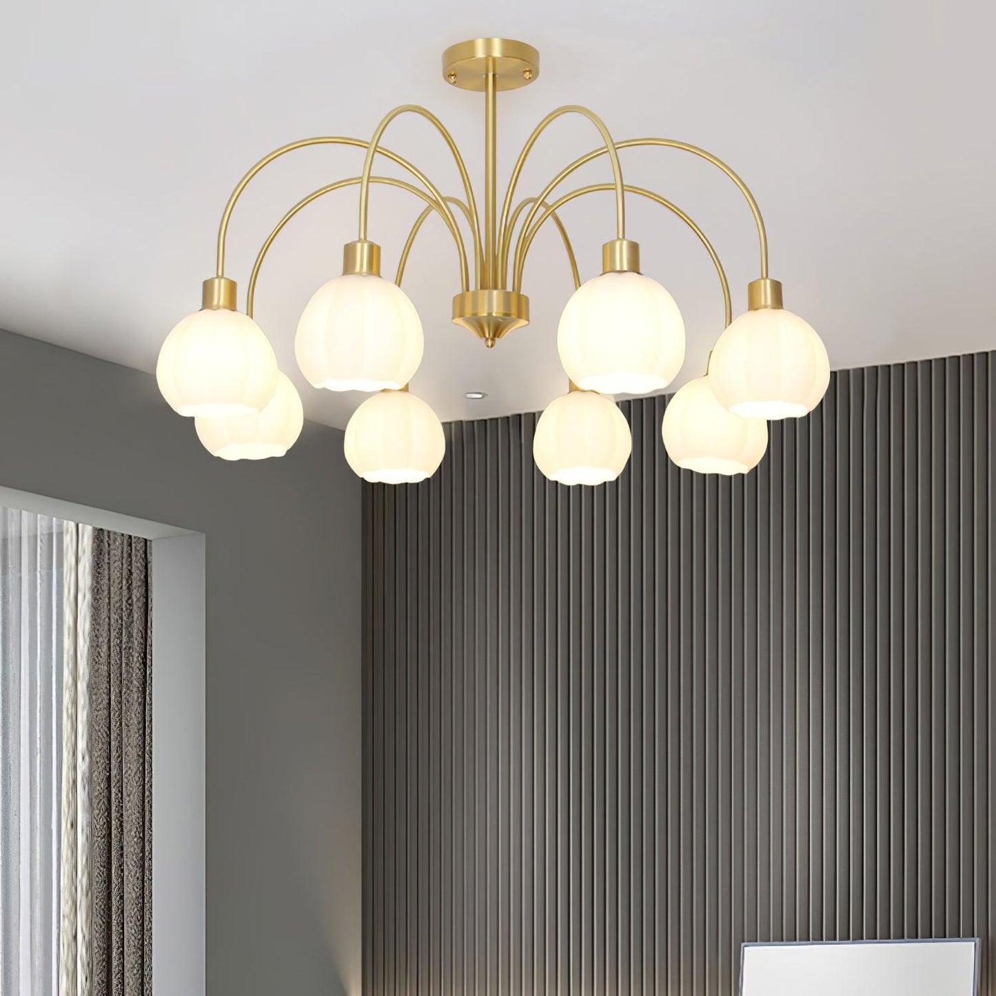 Elegant Glass Pumpkin Gold Chandelier with Adjustable Height & LED Com