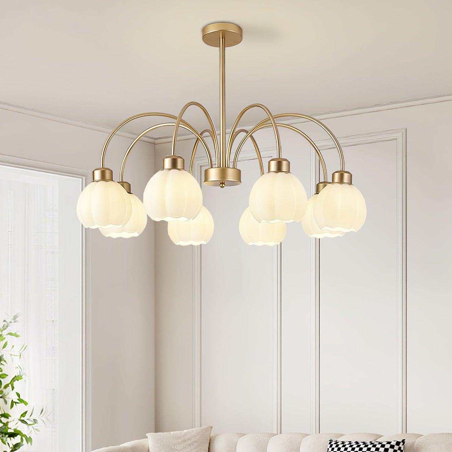 Elegant Glass Pumpkin Gold Chandelier with Adjustable Height & LED Com