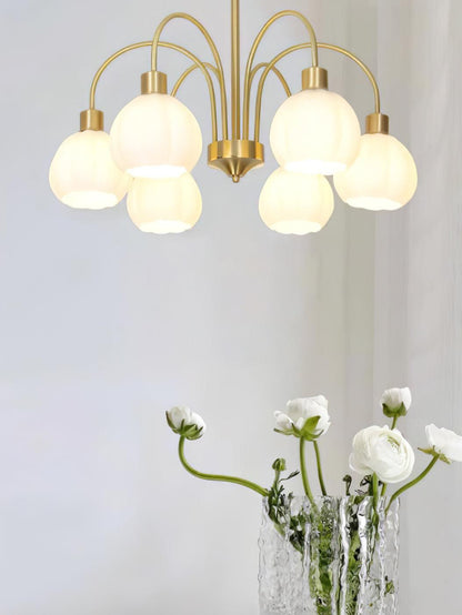 Elegant Glass Pumpkin Gold Chandelier with Adjustable Height & LED Com