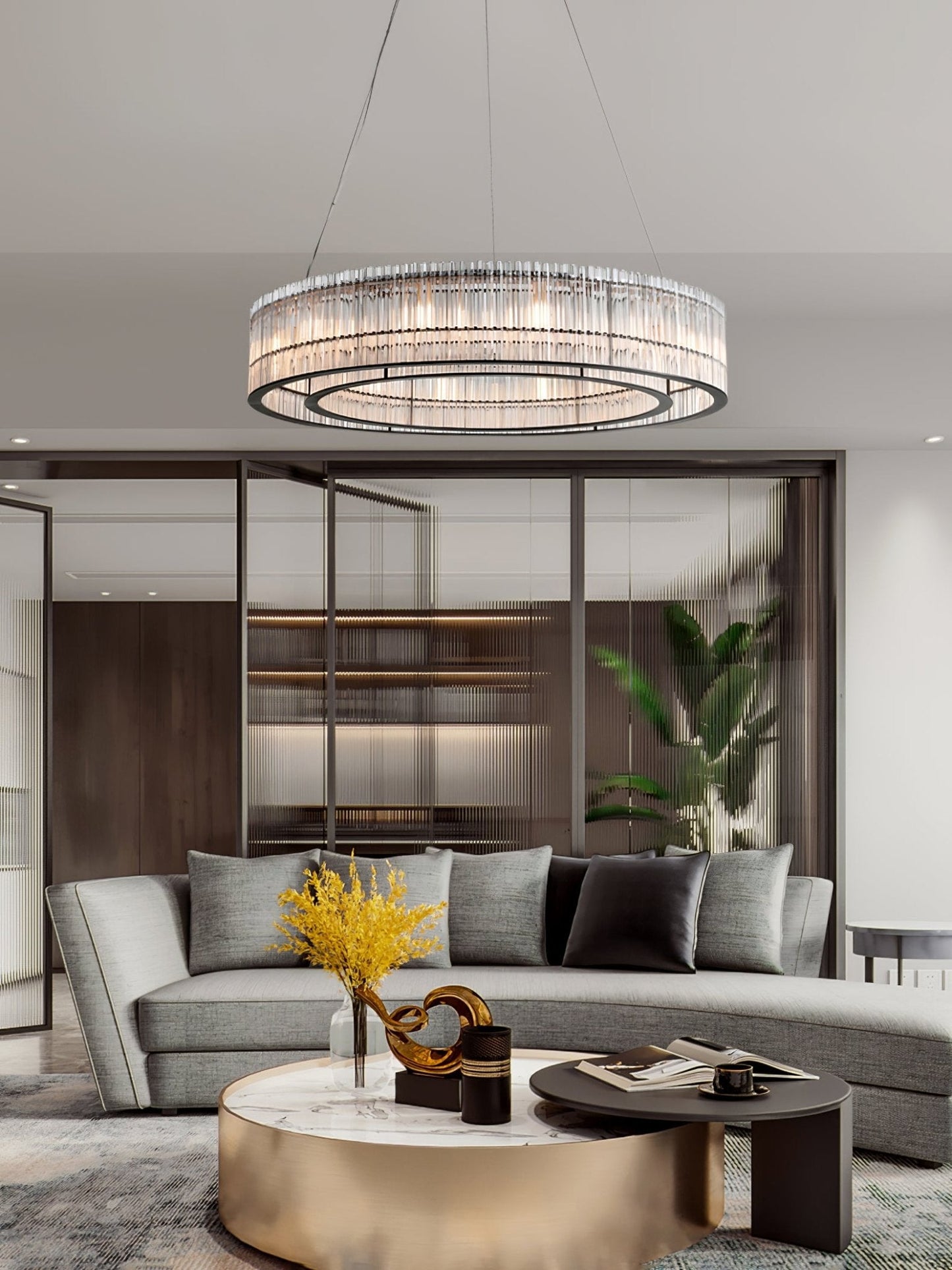 Modern Glass Tube Ring Chandelier with Adjustable Height & LED Lightin