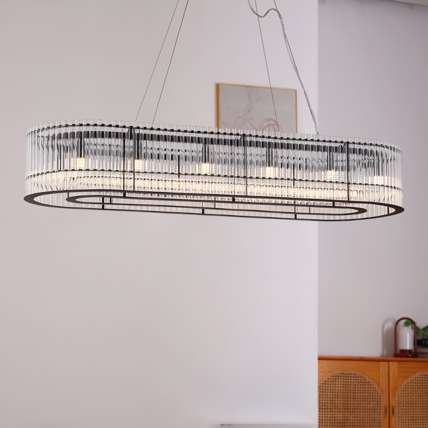 Modern Glass Tube Ring Chandelier with Adjustable Height & LED Lightin