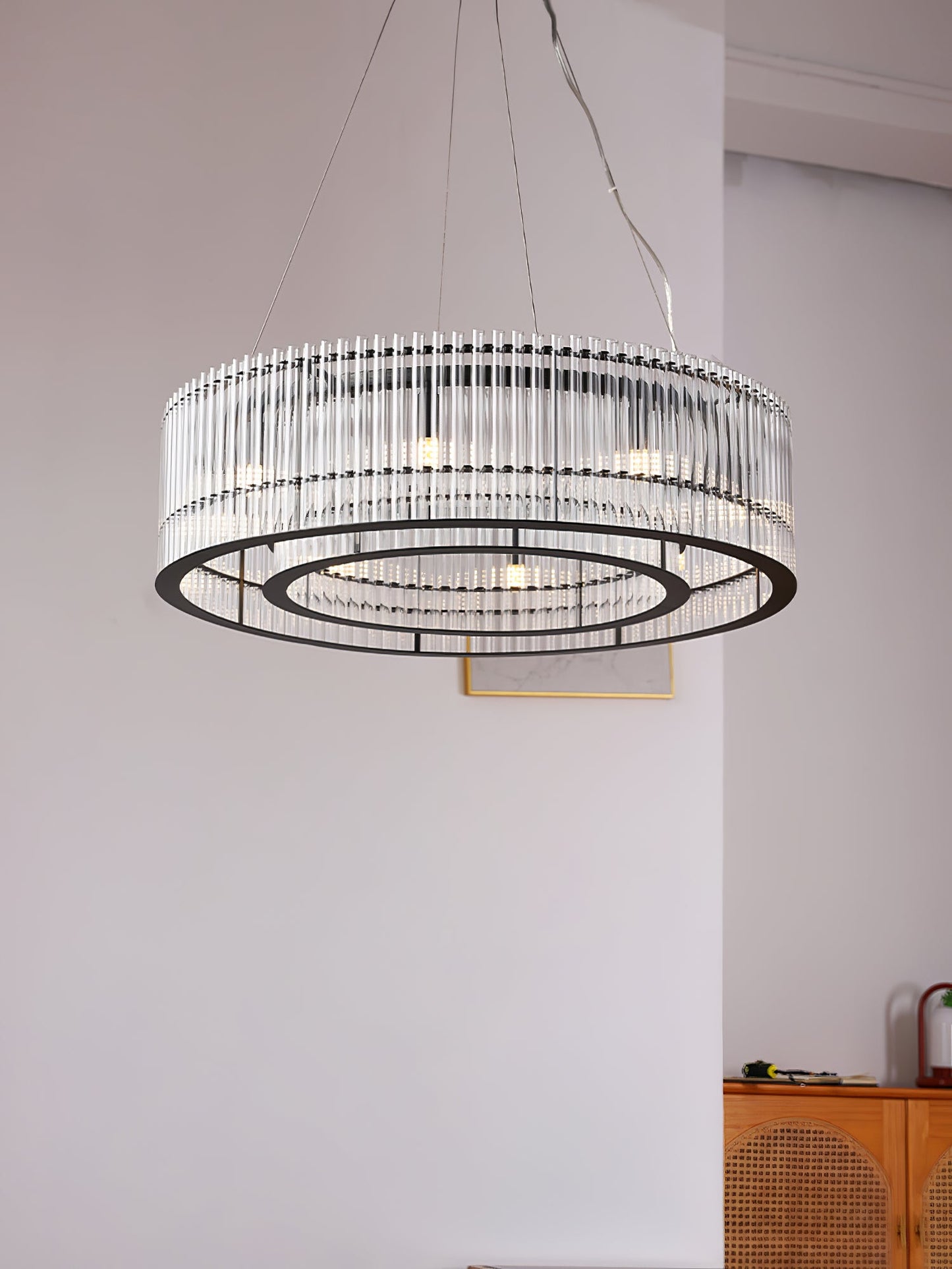 Modern Glass Tube Ring Chandelier with Adjustable Height & LED Lightin