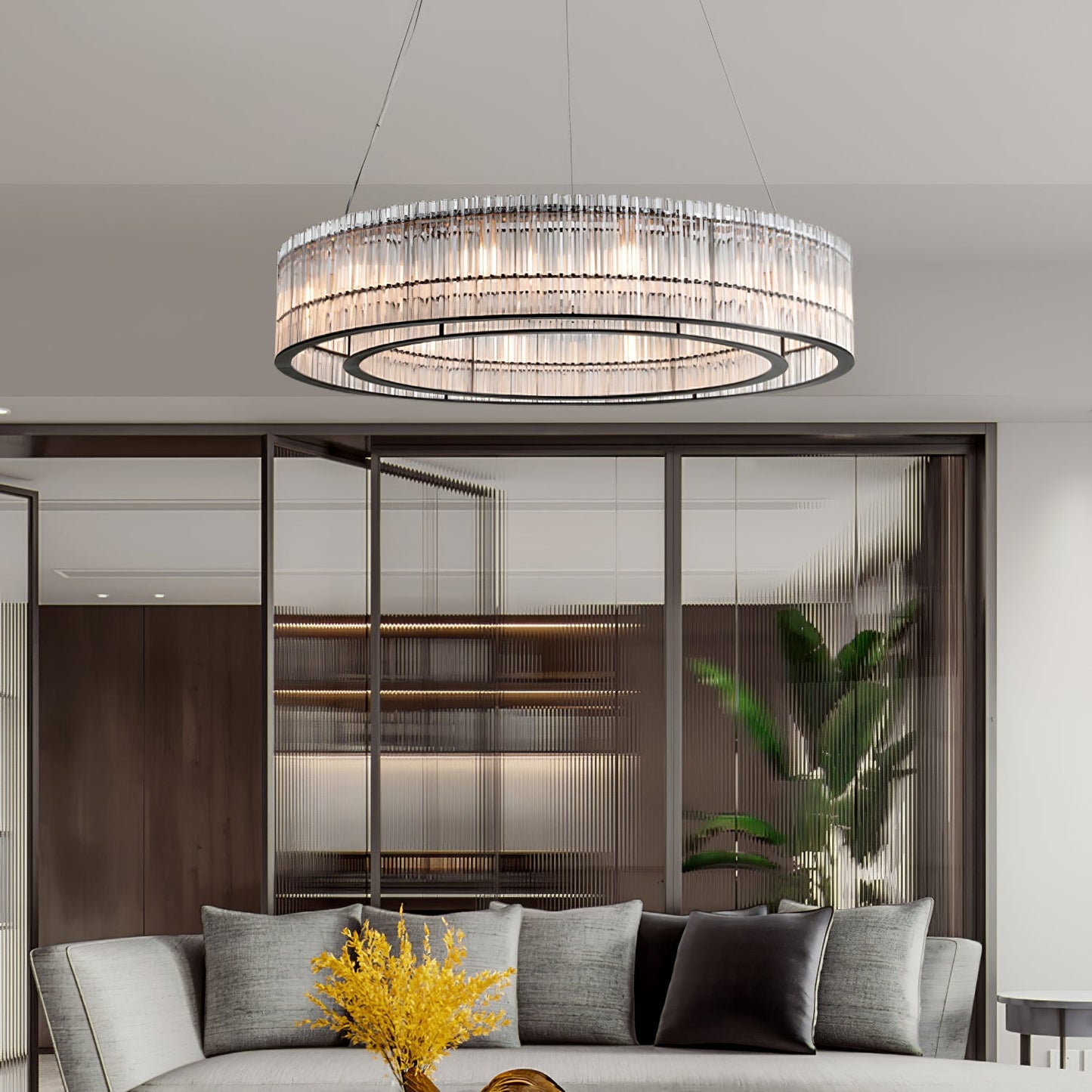 Modern Glass Tube Ring Chandelier with Adjustable Height & LED Lightin