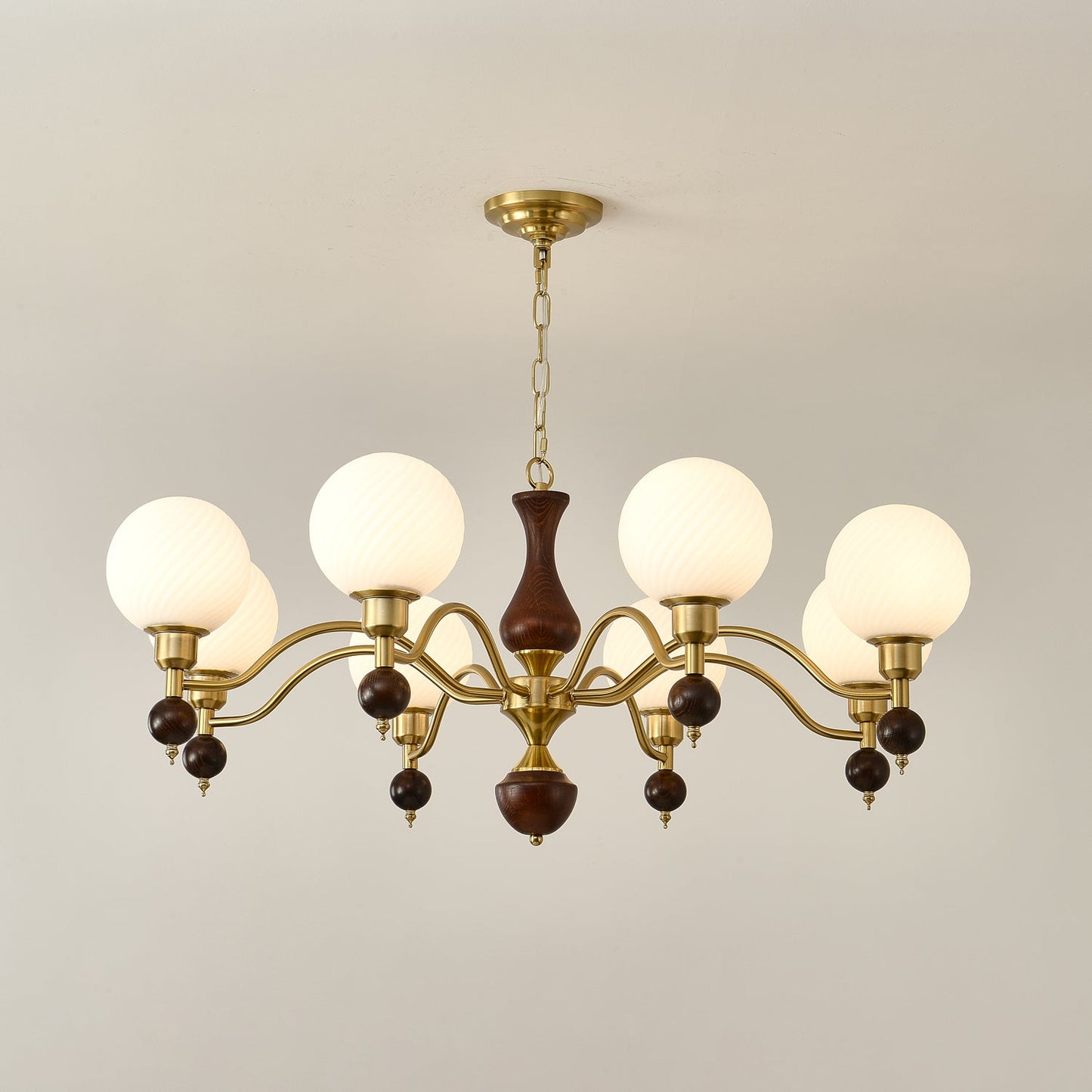 Elegant Globe Orb Wood Chandelier with Adjustable Height & Warm Lighti