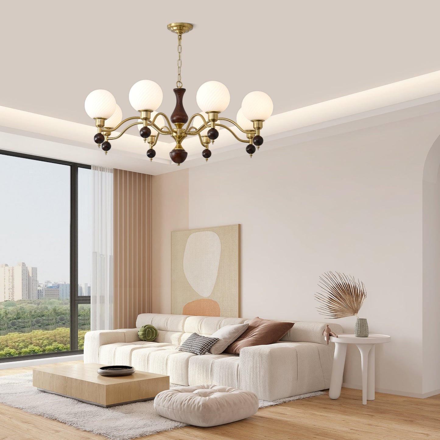 Elegant Globe Orb Wood Chandelier with Adjustable Height & Warm Lighti