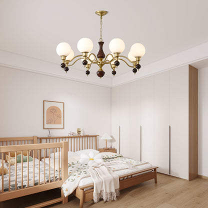 Elegant Globe Orb Wood Chandelier with Adjustable Height & Warm Lighti