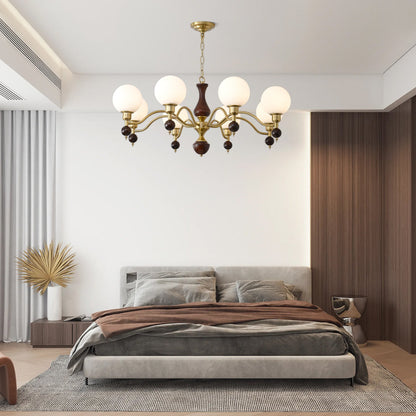 Elegant Globe Orb Wood Chandelier with Adjustable Height & Warm Lighti