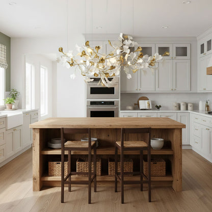 Elegant Gold & White Gingko Leaf Chandelier - Adjustable Height, LED C