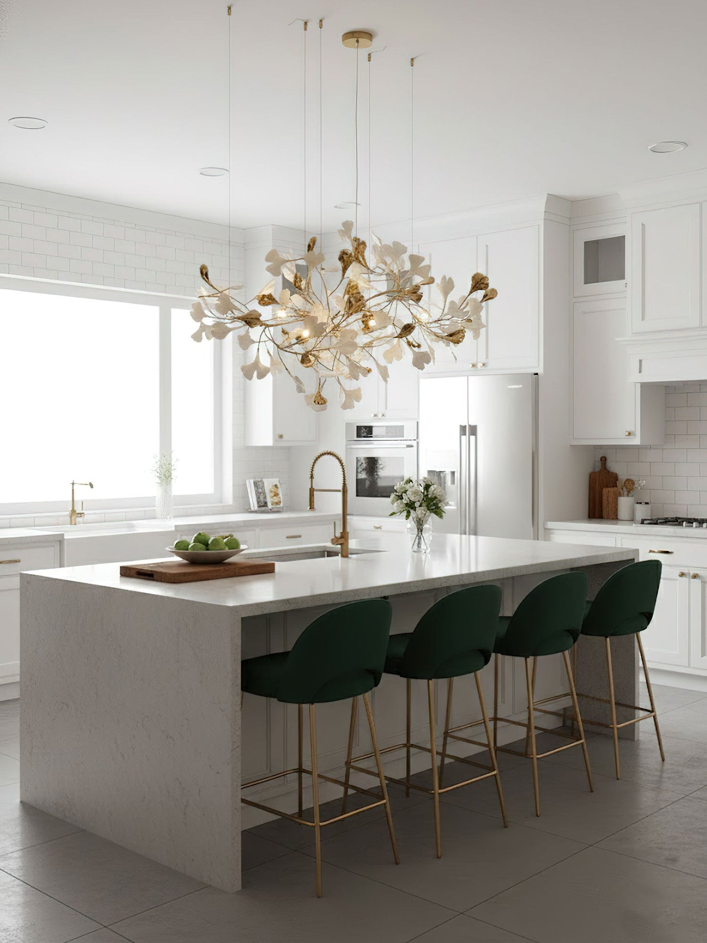 Elegant Gold & White Gingko Leaf Chandelier - Adjustable Height, LED C