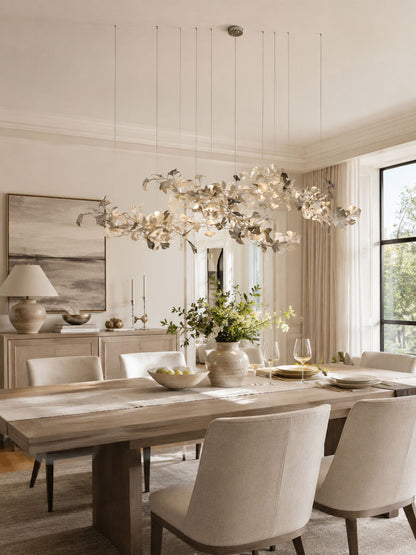Elegant Gold & White Gingko Leaf Chandelier - Adjustable Height, LED C