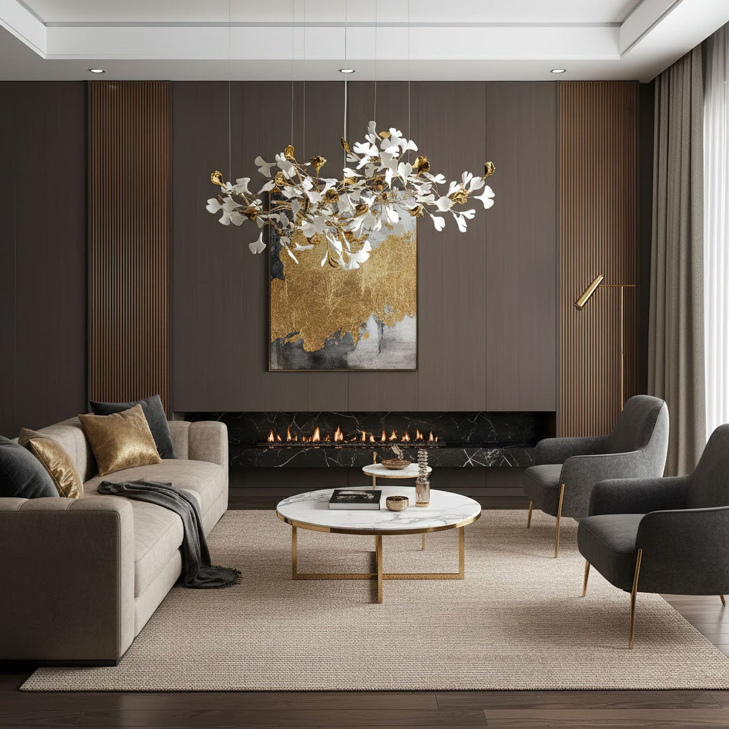Elegant Gold & White Gingko Leaf Chandelier - Adjustable Height, LED C