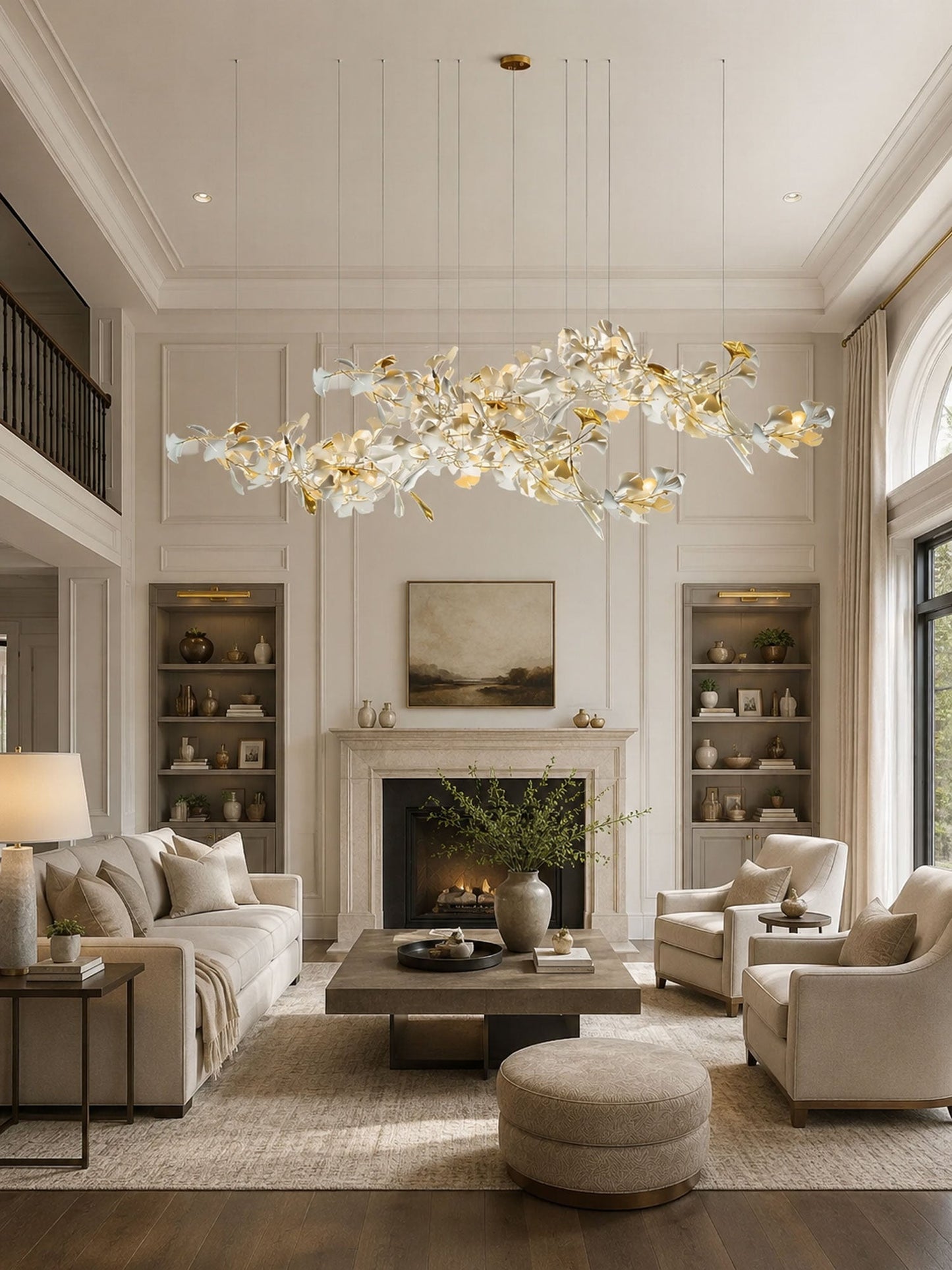 Elegant Gold & White Gingko Leaf Chandelier - Adjustable Height, LED C