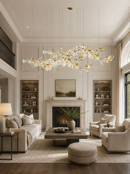 Elegant Gold & White Gingko Leaf Chandelier - Adjustable Height, LED C