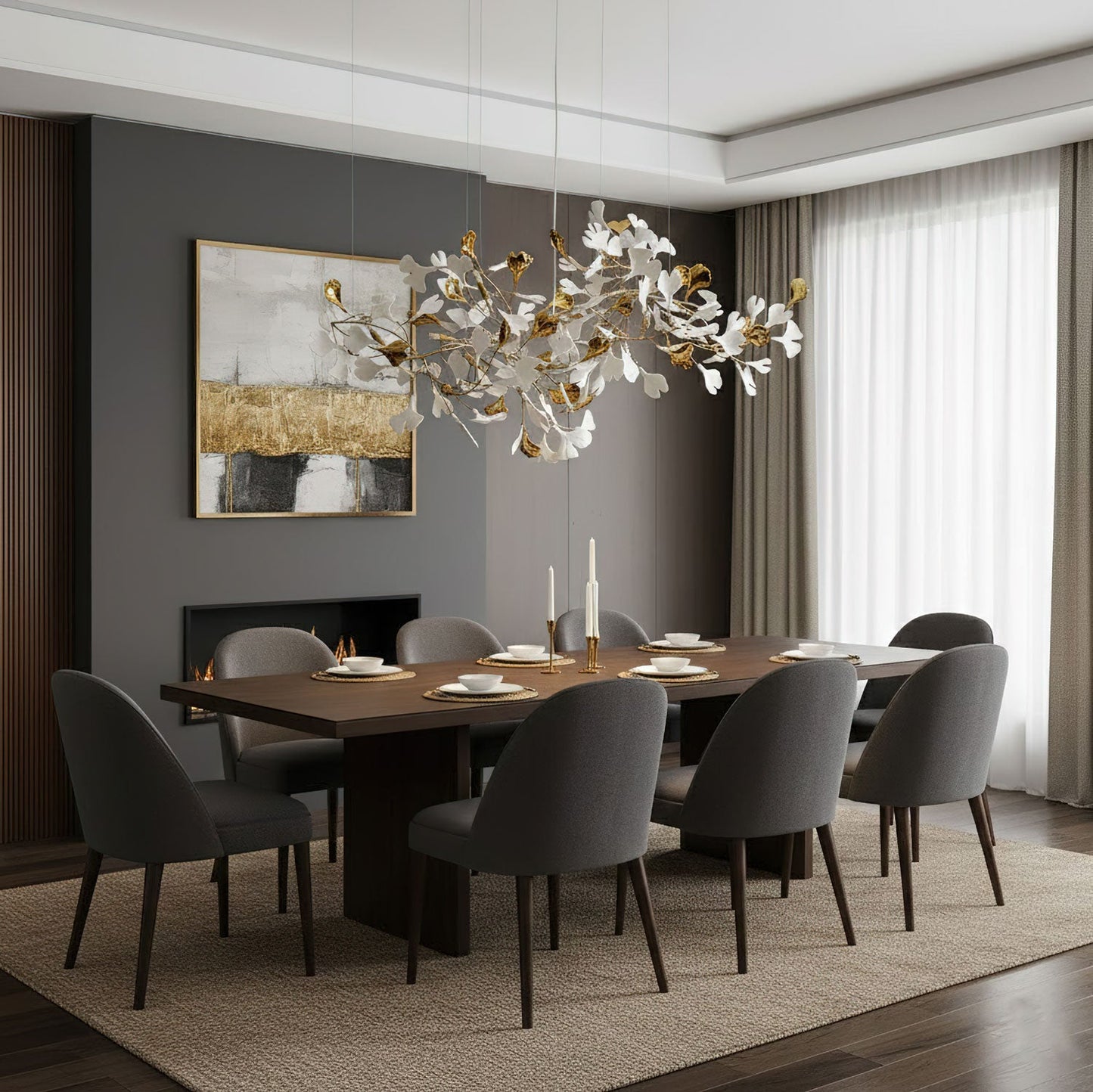 Elegant Gold & White Gingko Leaf Chandelier - Adjustable Height, LED C