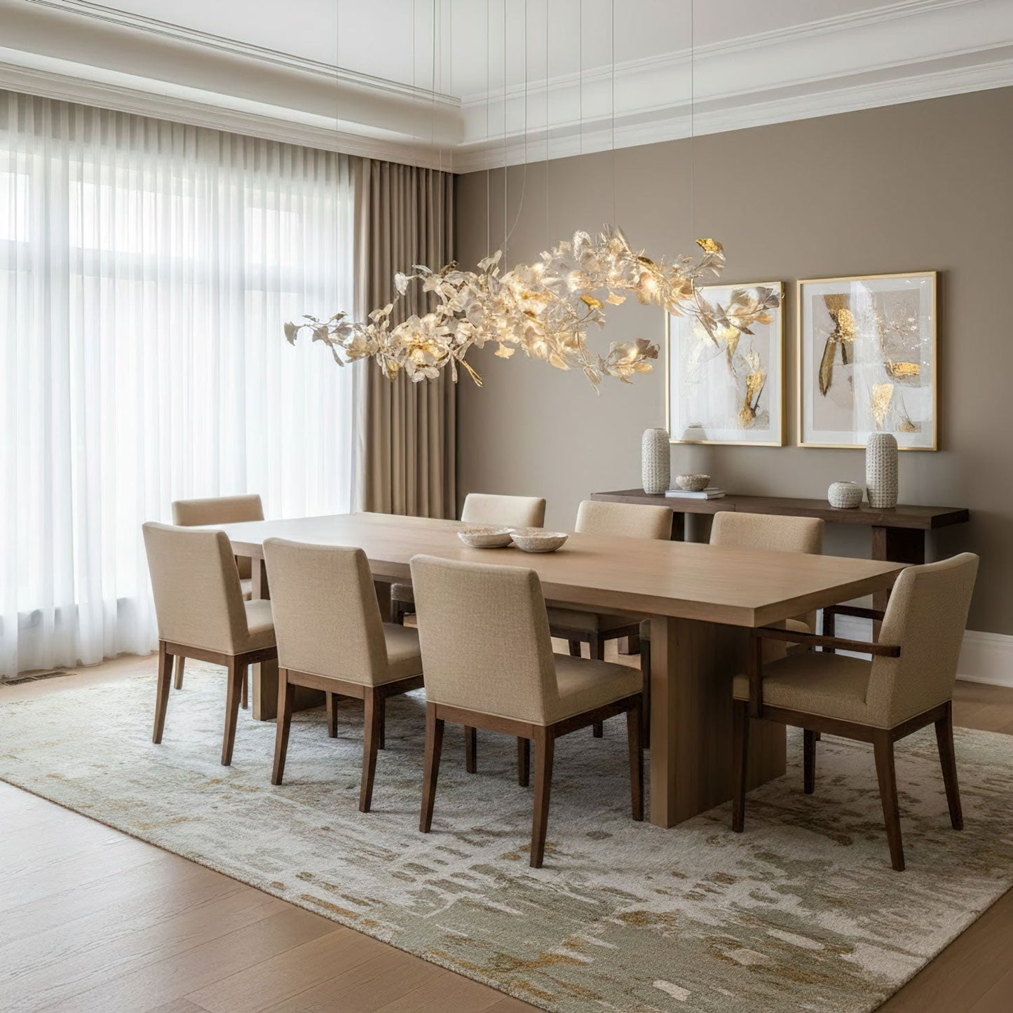 Elegant Gold & White Gingko Leaf Chandelier - Adjustable Height, LED C