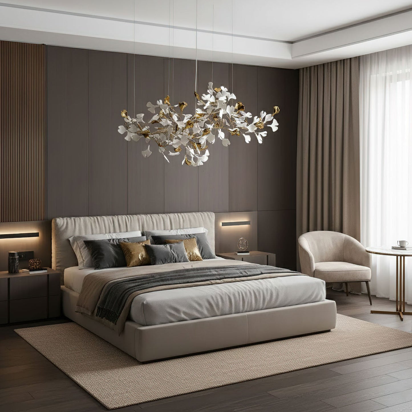 Elegant Gold & White Gingko Leaf Chandelier - Adjustable Height, LED C
