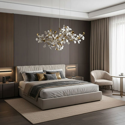 Elegant Gold & White Gingko Leaf Chandelier - Adjustable Height, LED C