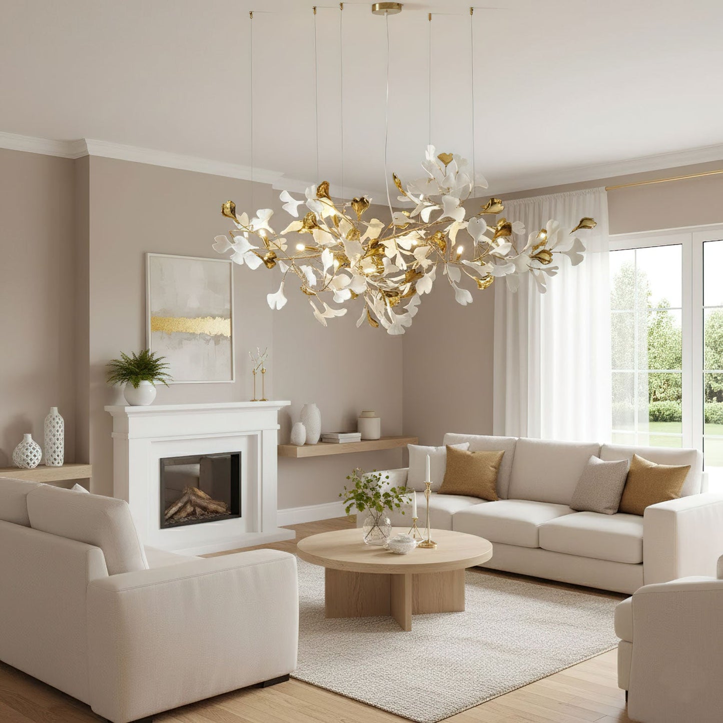 Elegant Gold & White Gingko Leaf Chandelier - Adjustable Height, LED C