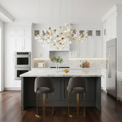 Elegant Gold & White Gingko Leaf Chandelier - Adjustable Height, LED C