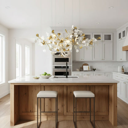 Elegant Gold & White Gingko Leaf Chandelier - Adjustable Height, LED C