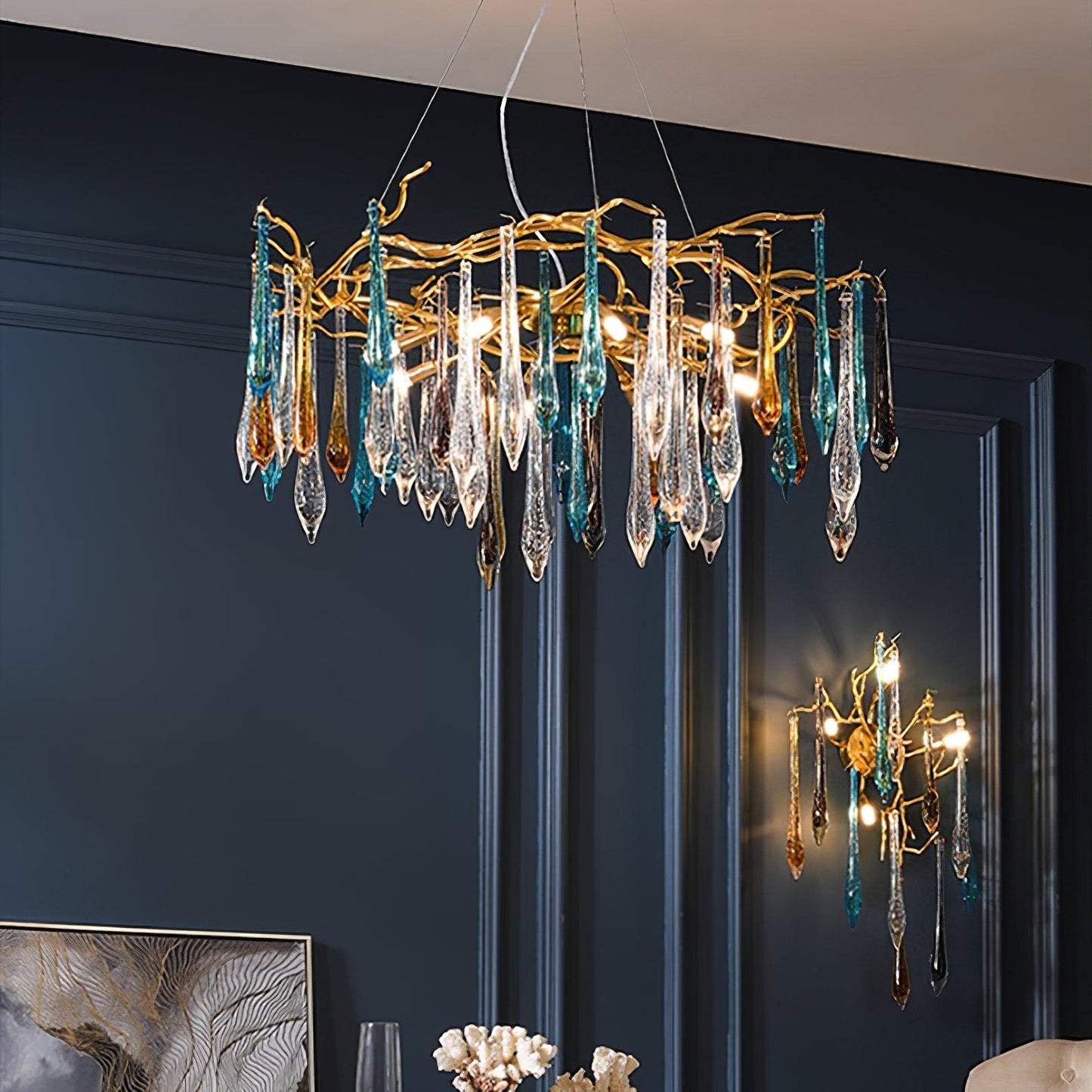 Elegant Gold Round Teardrop Chandelier with Adjustable Height & Crysta