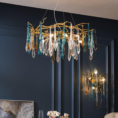 Elegant Gold Round Teardrop Chandelier with Adjustable Height & Crysta