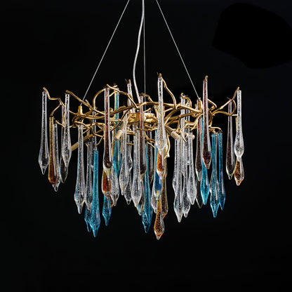 Elegant Gold Round Teardrop Chandelier with Adjustable Height & Crysta