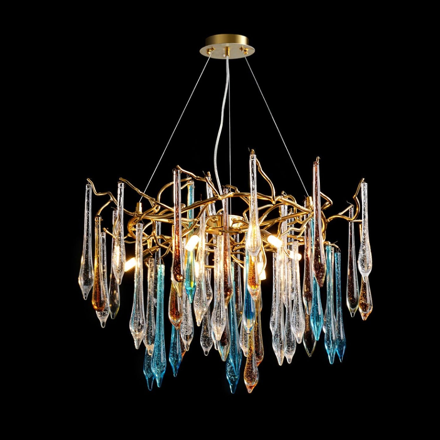 Elegant Gold Round Teardrop Chandelier with Adjustable Height & Crysta