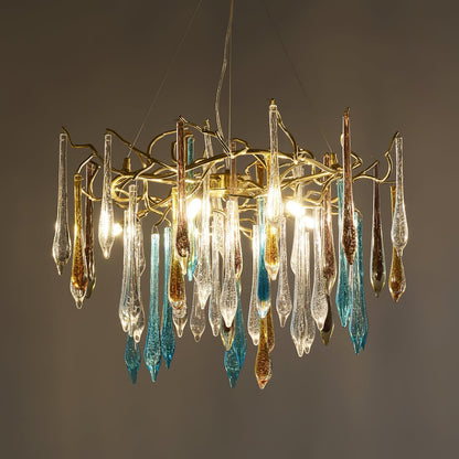 Elegant Gold Round Teardrop Chandelier with Adjustable Height & Crysta