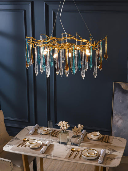 Elegant Gold Round Teardrop Chandelier with Adjustable Height & Crysta