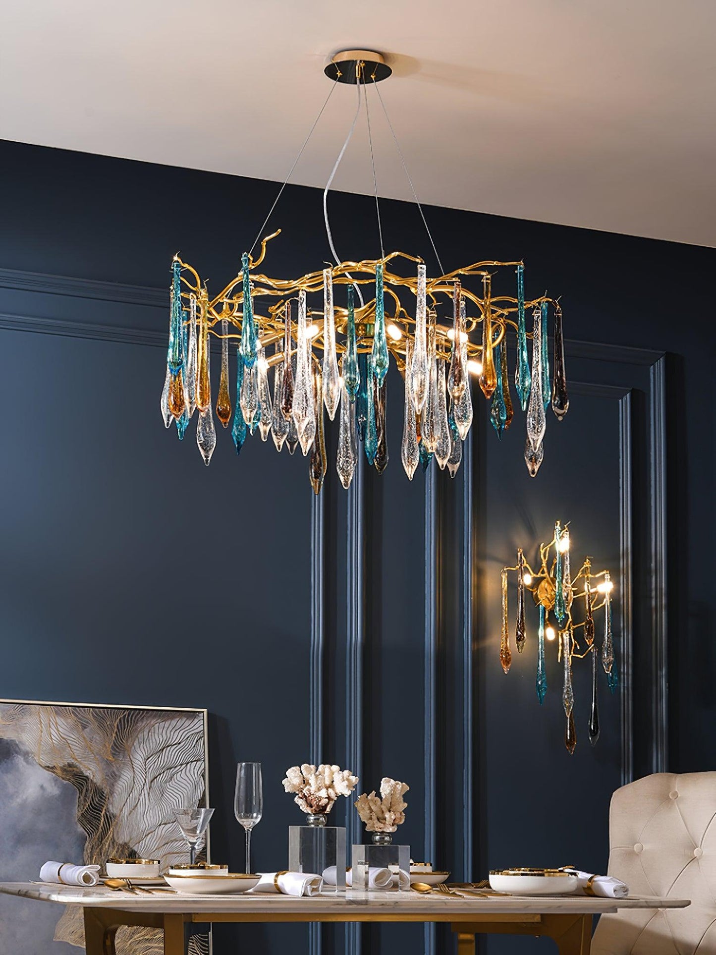 Elegant Gold Round Teardrop Chandelier with Adjustable Height & Crysta