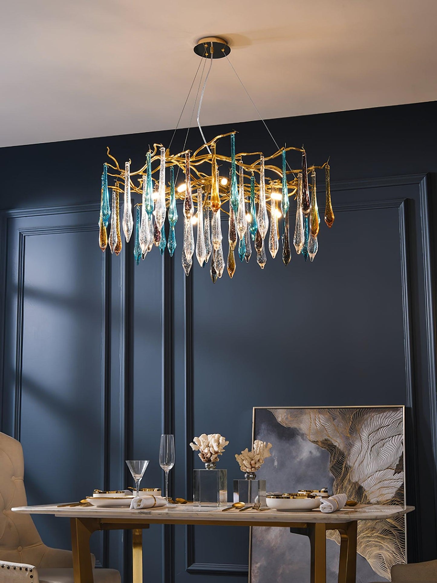 Elegant Gold Round Teardrop Chandelier with Adjustable Height & Crysta
