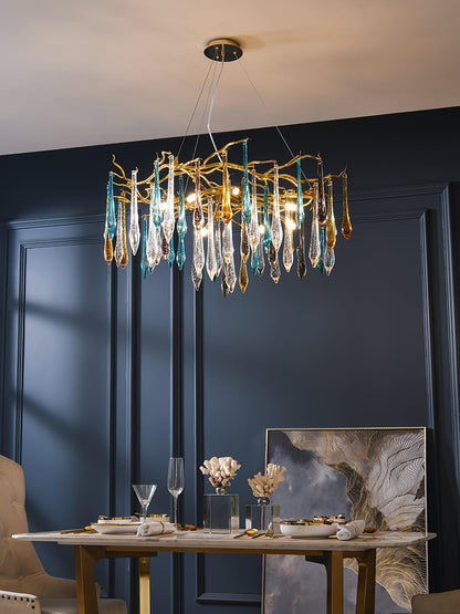 Elegant Gold Round Teardrop Chandelier with Adjustable Height & Crysta