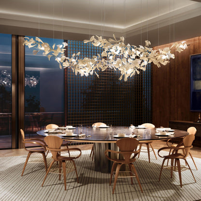 Elegant Gold & White Gingko Leaf Chandelier - Adjustable Height, LED C