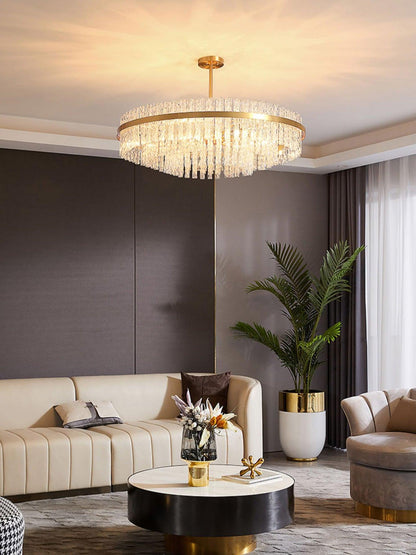 Elegant Gold & Clear Rod Chandelier with Adjustable Height & LED Compa